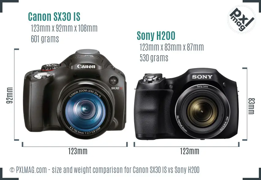 Canon SX30 IS vs Sony H200 size comparison