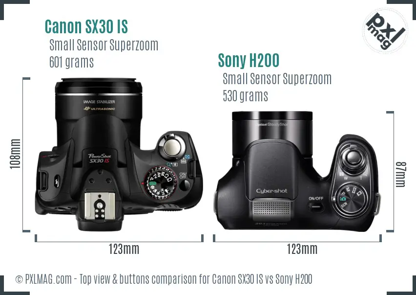 Canon SX30 IS vs Sony H200 top view buttons comparison