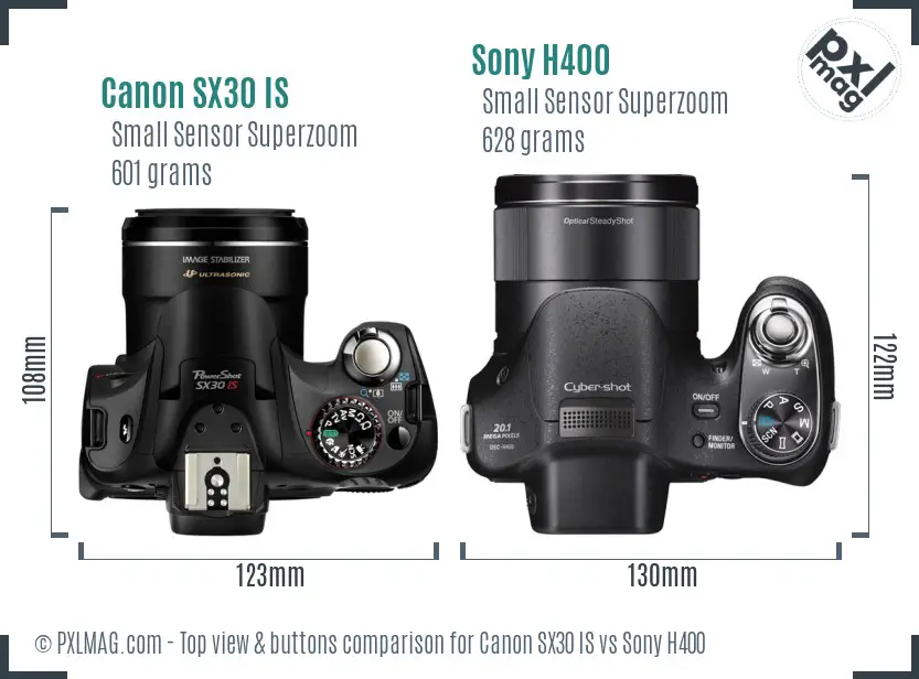 Canon SX30 IS vs Sony H400 top view buttons comparison