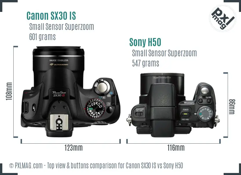 Canon SX30 IS vs Sony H50 top view buttons comparison