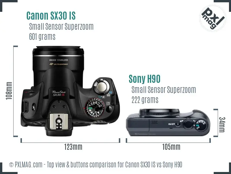 Canon SX30 IS vs Sony H90 top view buttons comparison