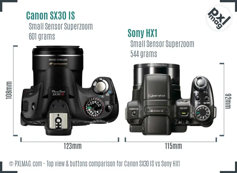 Canon SX30 IS vs Sony HX1 top view buttons comparison
