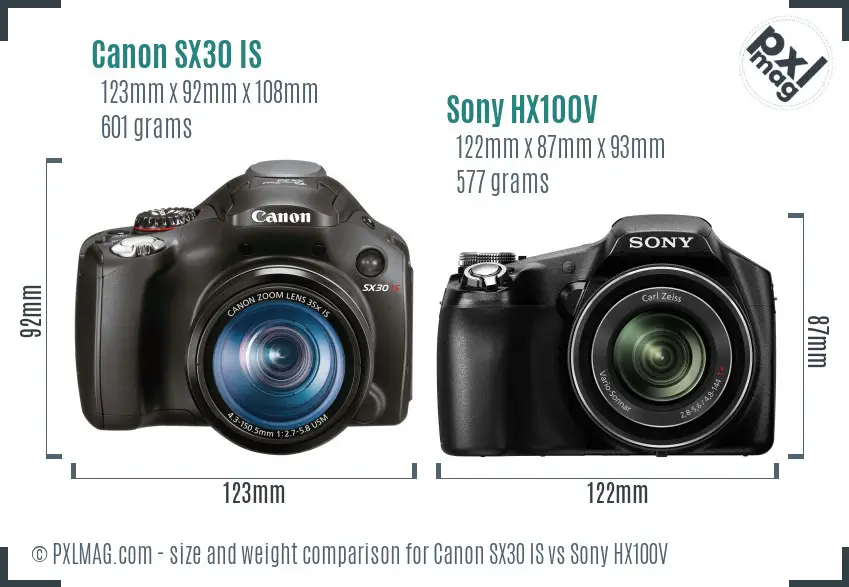 Canon SX30 IS vs Sony HX100V size comparison