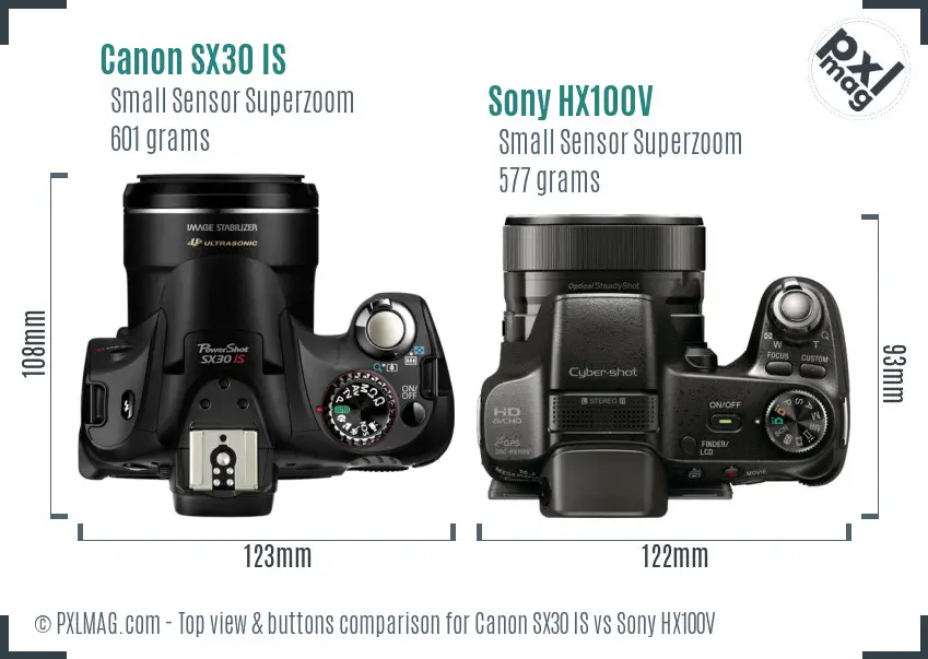 Canon SX30 IS vs Sony HX100V top view buttons comparison