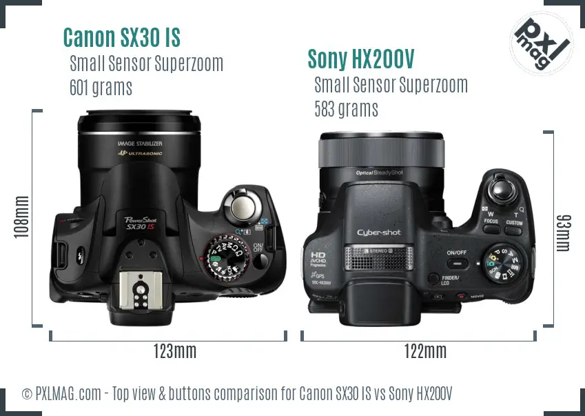 Canon SX30 IS vs Sony HX200V top view buttons comparison