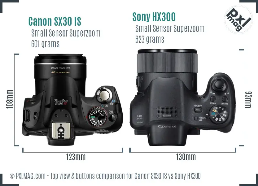 Canon SX30 IS vs Sony HX300 top view buttons comparison