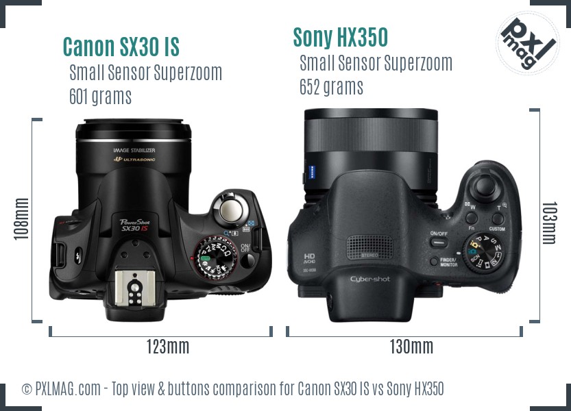 Canon SX30 IS vs Sony HX350 top view buttons comparison