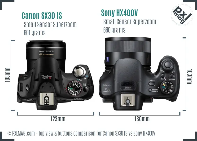 Canon SX30 IS vs Sony HX400V top view buttons comparison