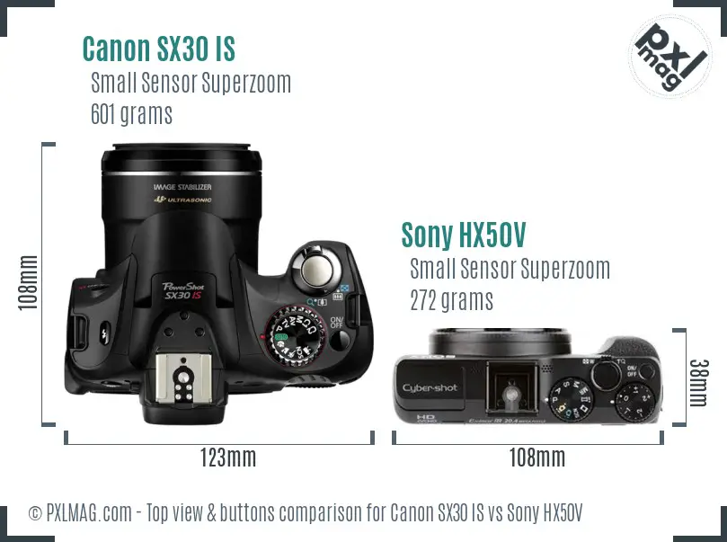 Canon SX30 IS vs Sony HX50V top view buttons comparison Canon SX30 IS vs Sony HX50V top view buttons comparison