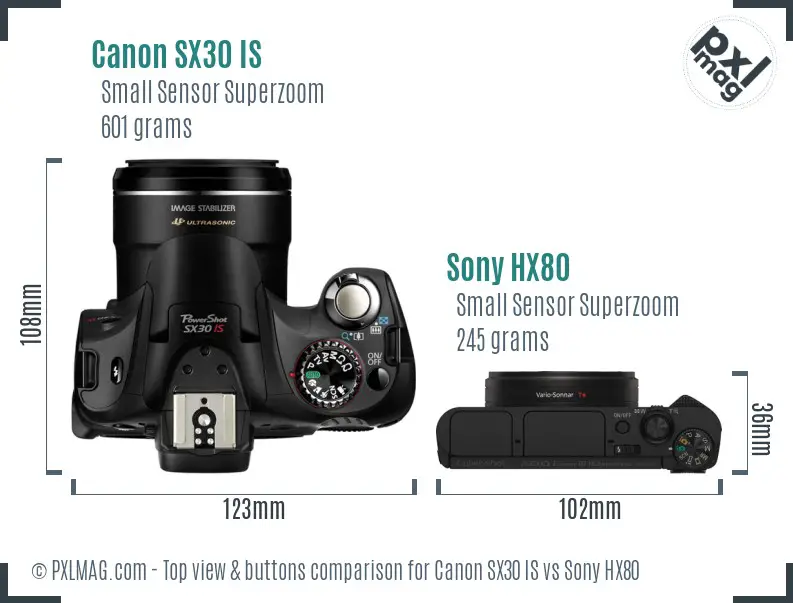 Canon SX30 IS vs Sony HX80 top view buttons comparison Canon SX30 IS vs Sony HX80 top view buttons comparison