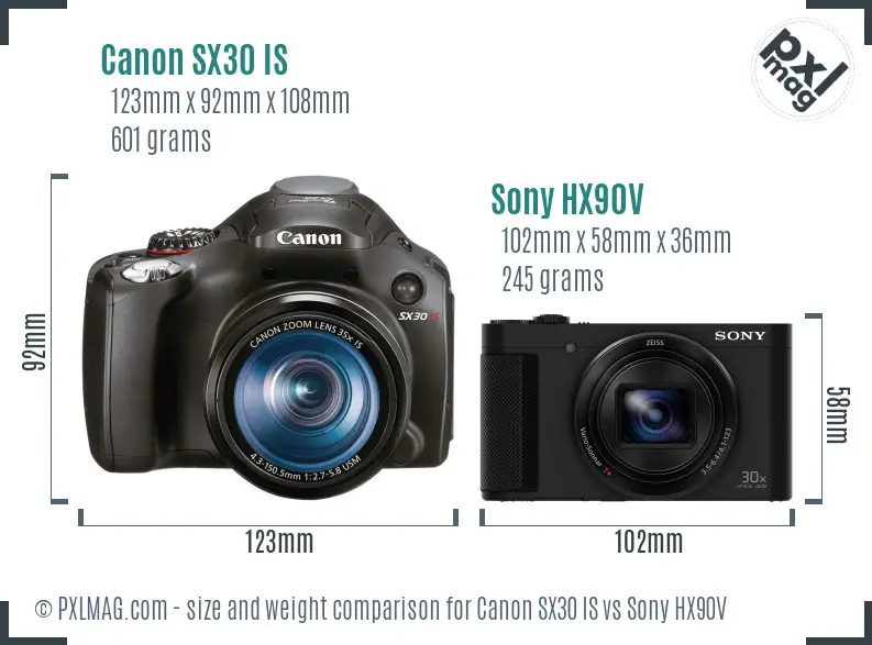 Canon SX30 IS vs Sony HX90V size comparison