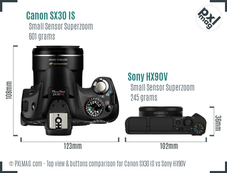 Canon SX30 IS vs Sony HX90V top view buttons comparison