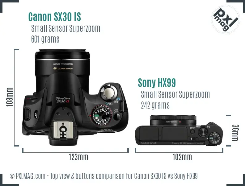 Canon SX30 IS vs Sony HX99 top view buttons comparison