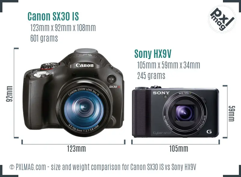 Canon SX30 IS vs Sony HX9V size comparison
