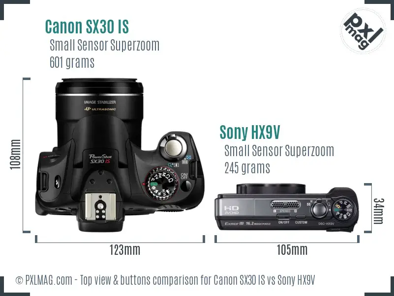 Canon SX30 IS vs Sony HX9V top view buttons comparison