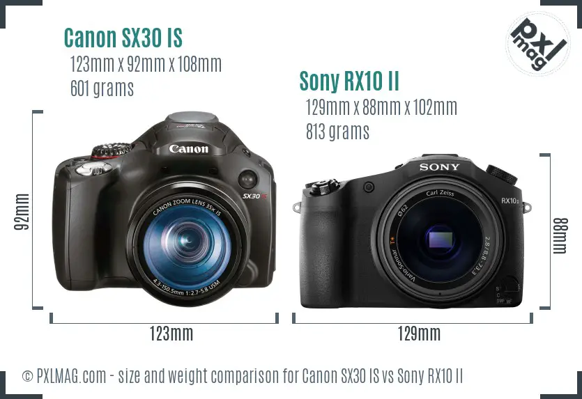 Canon SX30 IS vs Sony RX10 II size comparison