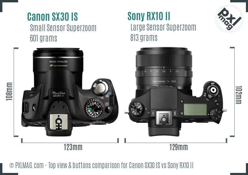 Canon SX30 IS vs Sony RX10 II top view buttons comparison