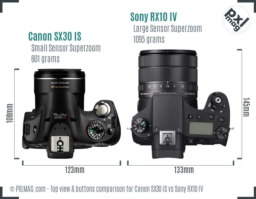 Canon SX30 IS vs Sony RX10 IV top view buttons comparison