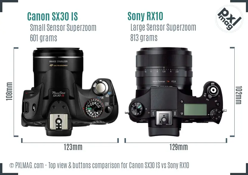 Canon SX30 IS vs Sony RX10 top view buttons comparison