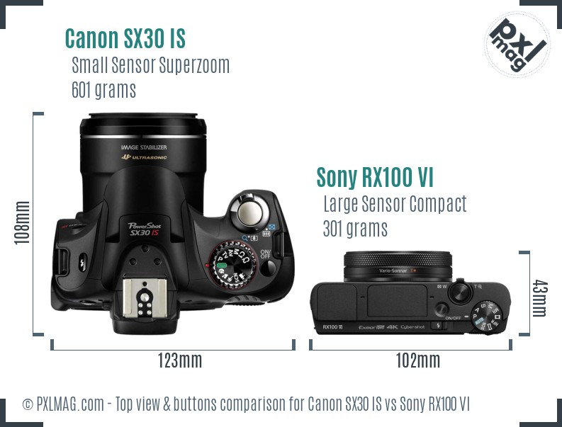 Canon SX30 IS vs Sony RX100 VI top view buttons comparison