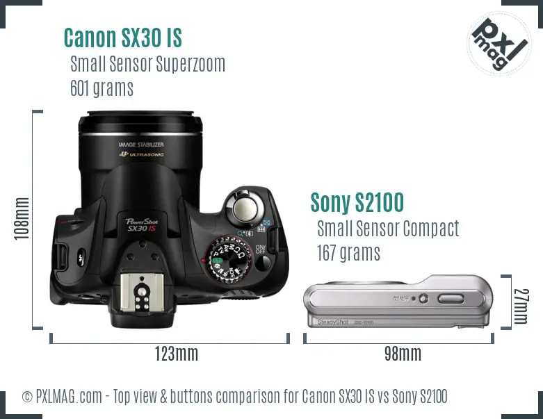 Canon SX30 IS vs Sony S2100 top view buttons comparison