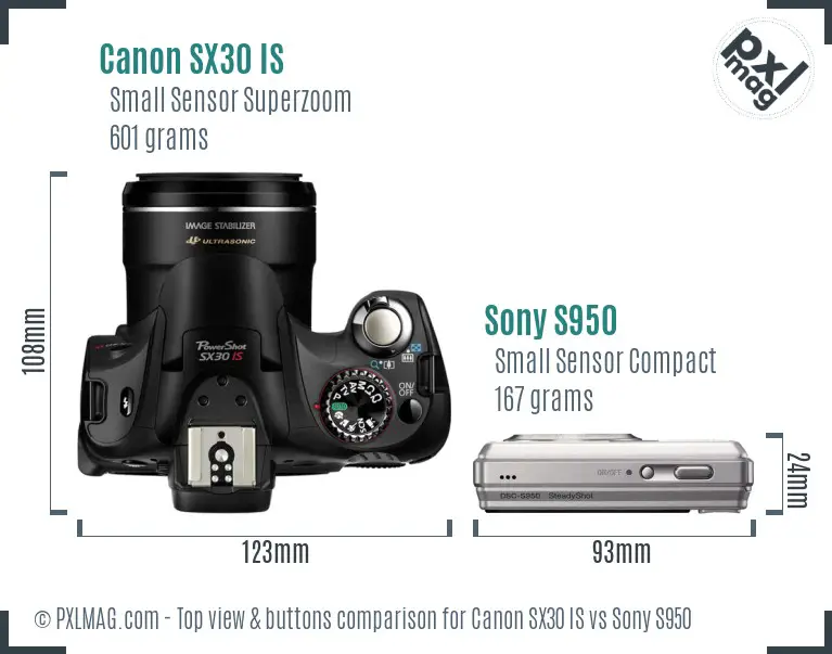 Canon SX30 IS vs Sony S950 top view buttons comparison