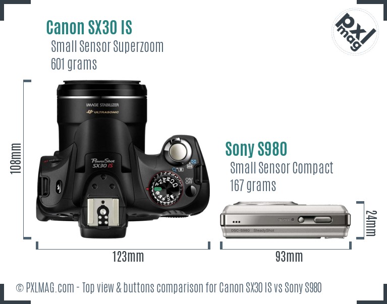 Canon SX30 IS vs Sony S980 top view buttons comparison