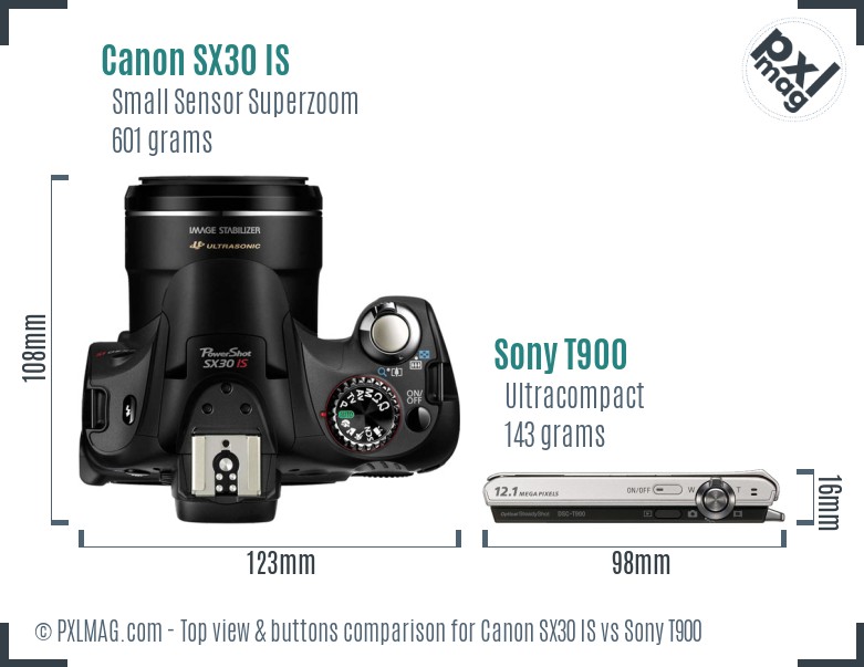 Canon SX30 IS vs Sony T900 top view buttons comparison