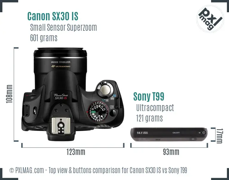 Canon SX30 IS vs Sony T99 top view buttons comparison