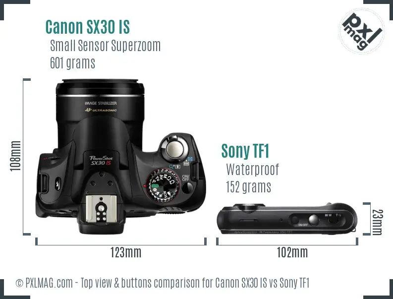 Canon SX30 IS vs Sony TF1 top view buttons comparison