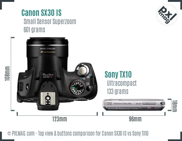 Canon SX30 IS vs Sony TX10 top view buttons comparison