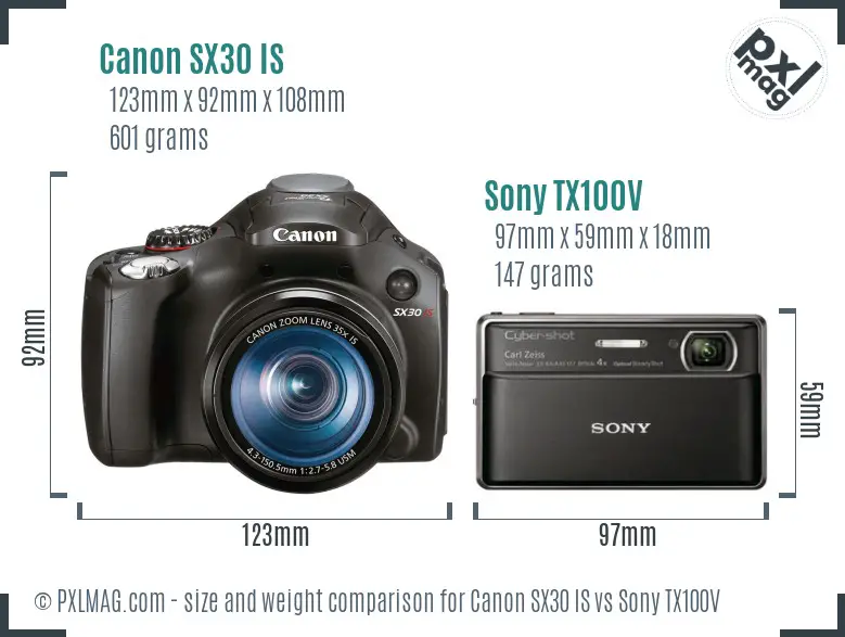 Canon SX30 IS vs Sony TX100V size comparison