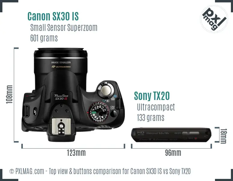 Canon SX30 IS vs Sony TX20 top view buttons comparison