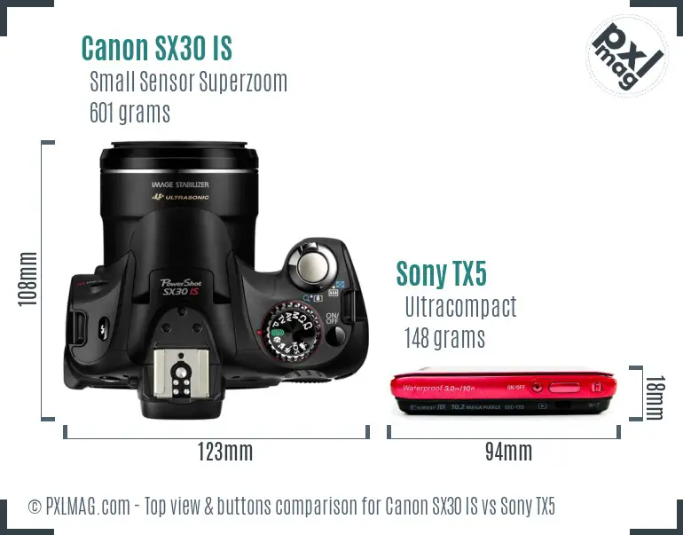 Canon SX30 IS vs Sony TX5 top view buttons comparison