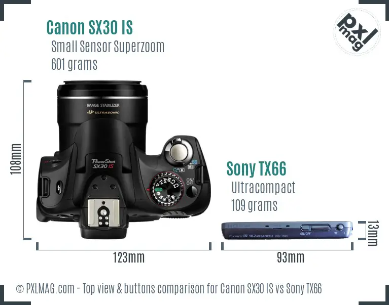 Canon SX30 IS vs Sony TX66 top view buttons comparison