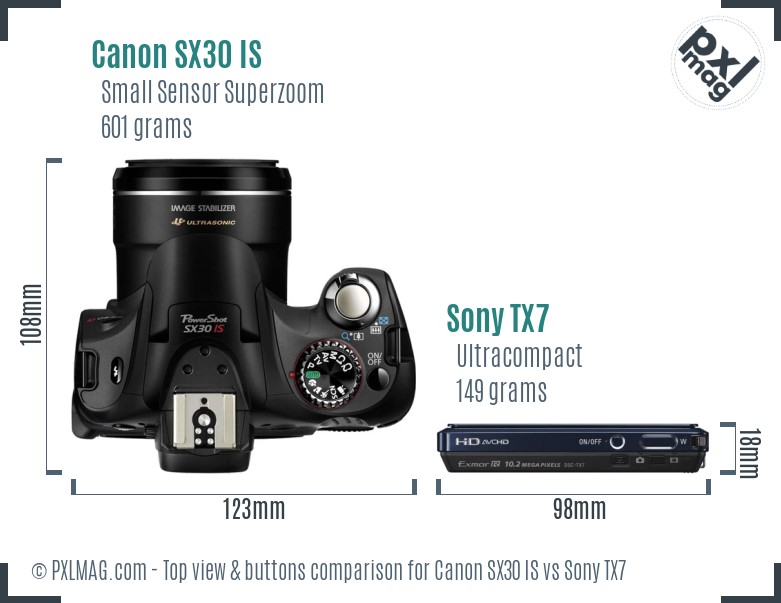 Canon SX30 IS vs Sony TX7 top view buttons comparison