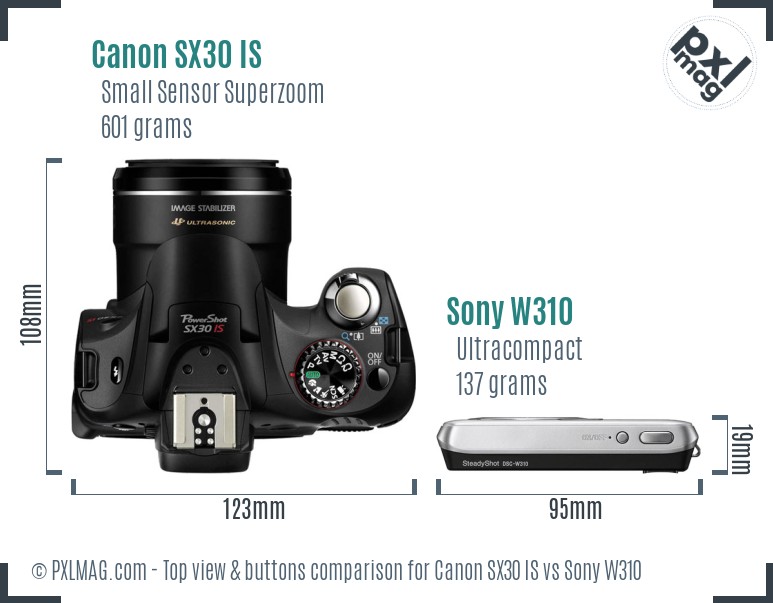 Canon SX30 IS vs Sony W310 top view buttons comparison