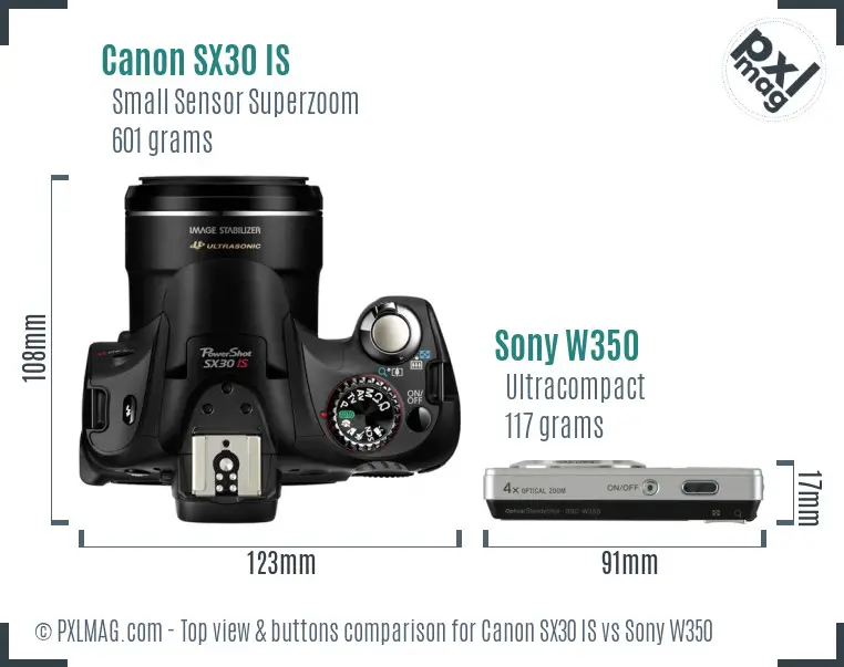 Canon SX30 IS vs Sony W350 top view buttons comparison