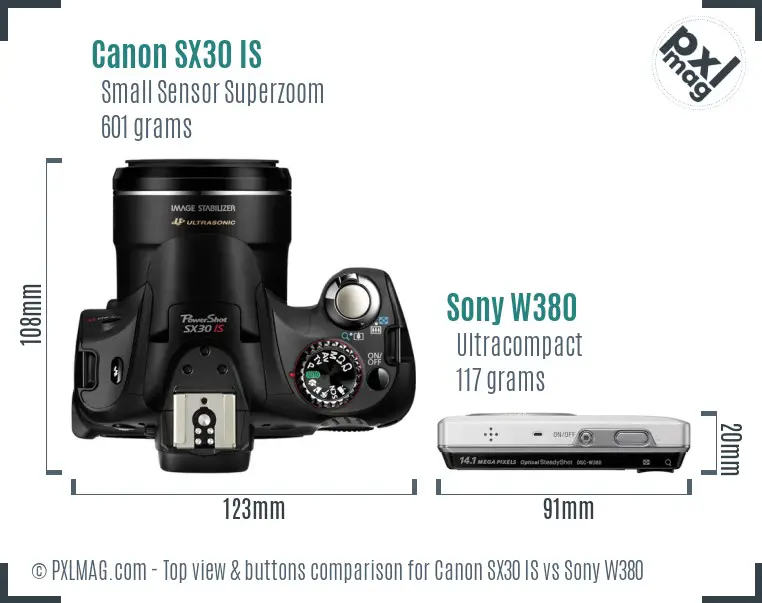 Canon SX30 IS vs Sony W380 top view buttons comparison Canon SX30 IS vs Sony W380 top view buttons comparison