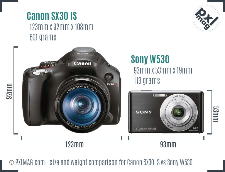 Canon SX30 IS vs Sony W530 size comparison