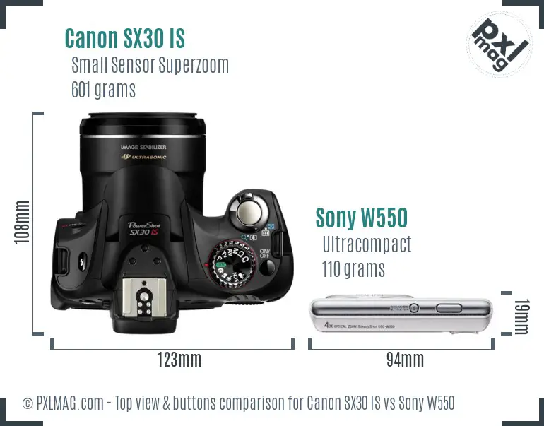 Canon SX30 IS vs Sony W550 top view buttons comparison