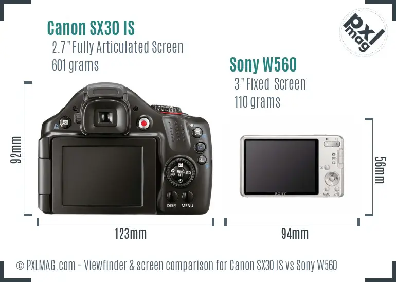 Canon SX30 IS vs Sony W560 Screen and Viewfinder comparison
