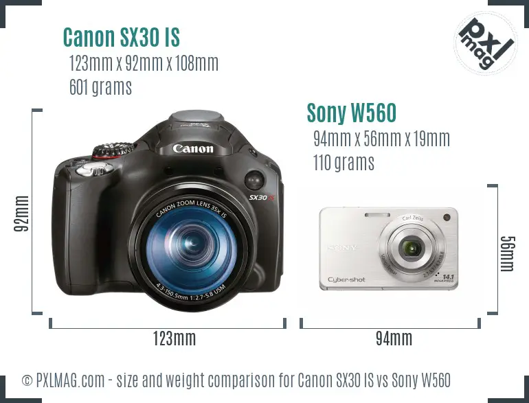 Canon SX30 IS vs Sony W560 size comparison