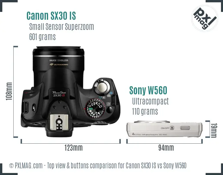 Canon SX30 IS vs Sony W560 top view buttons comparison