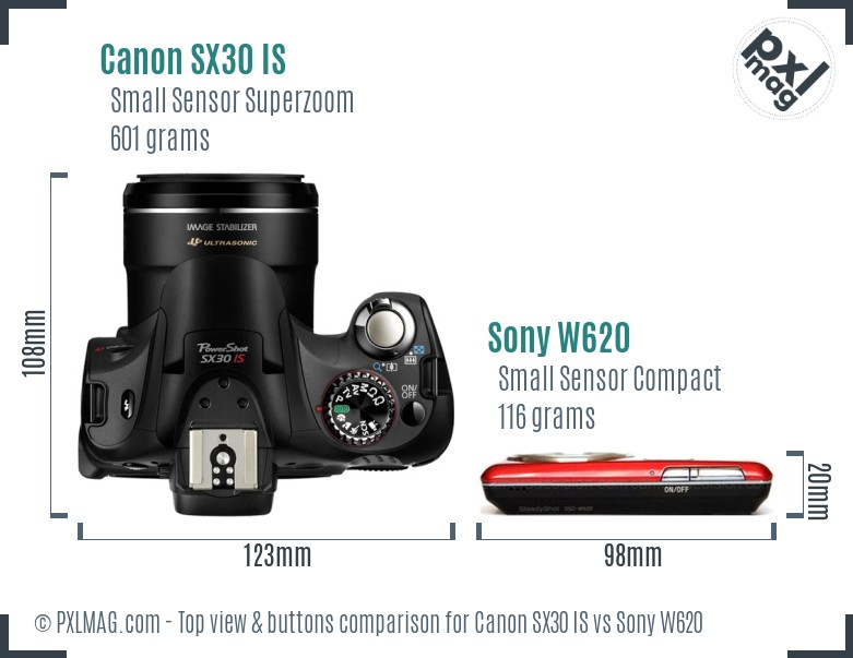 Canon SX30 IS vs Sony W620 top view buttons comparison