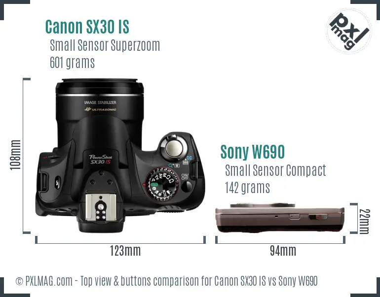 Canon SX30 IS vs Sony W690 top view buttons comparison Canon SX30 IS vs Sony W690 top view buttons comparison