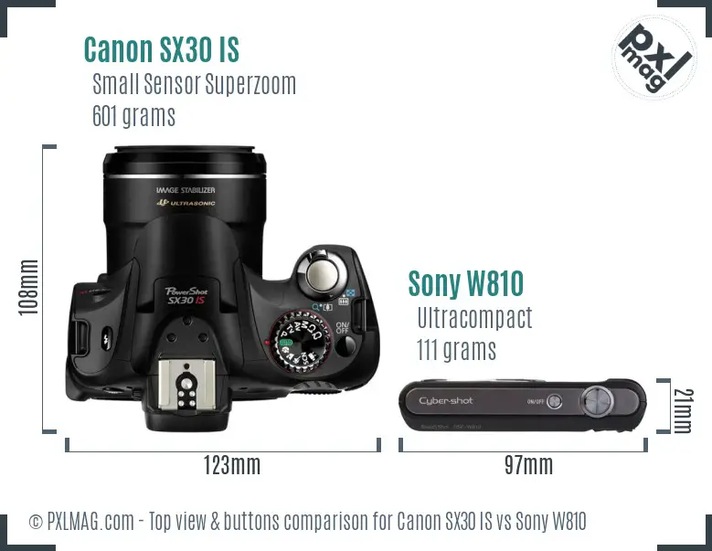 Canon SX30 IS vs Sony W810 top view buttons comparison