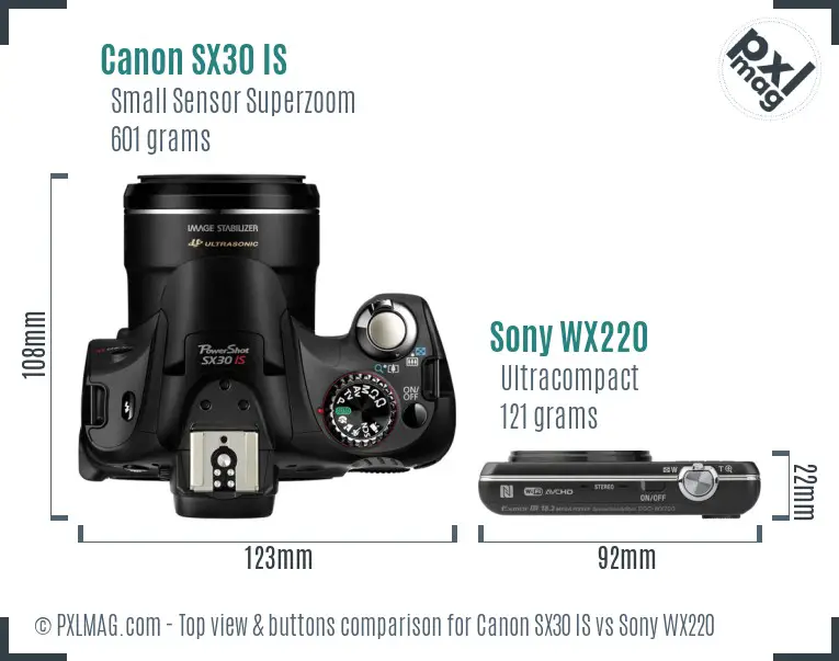 Canon SX30 IS vs Sony WX220 top view buttons comparison Canon SX30 IS vs Sony WX220 top view buttons comparison