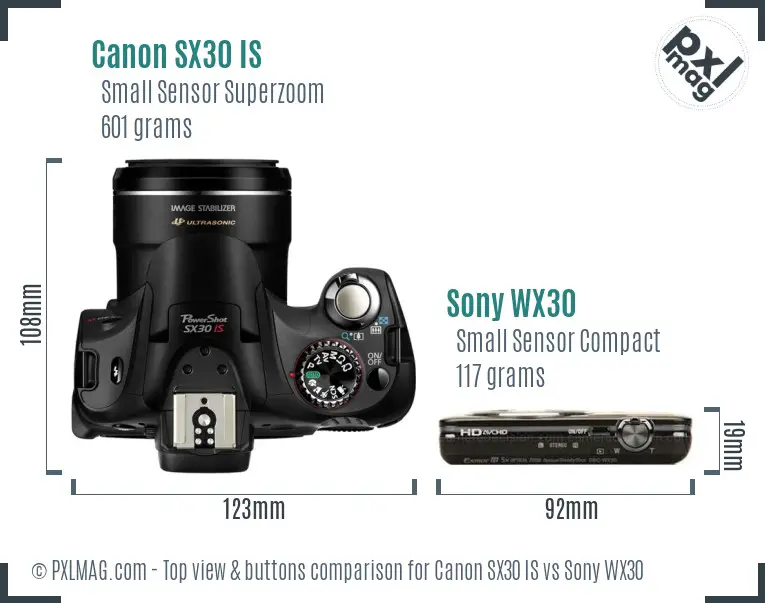 Canon SX30 IS vs Sony WX30 top view buttons comparison