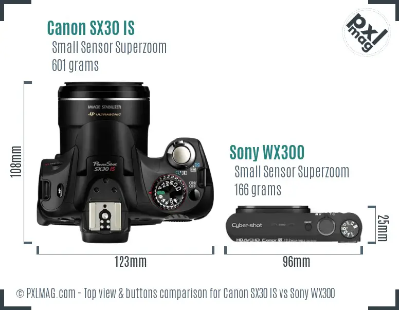 Canon SX30 IS vs Sony WX300 top view buttons comparison Canon SX30 IS vs Sony WX300 top view buttons comparison